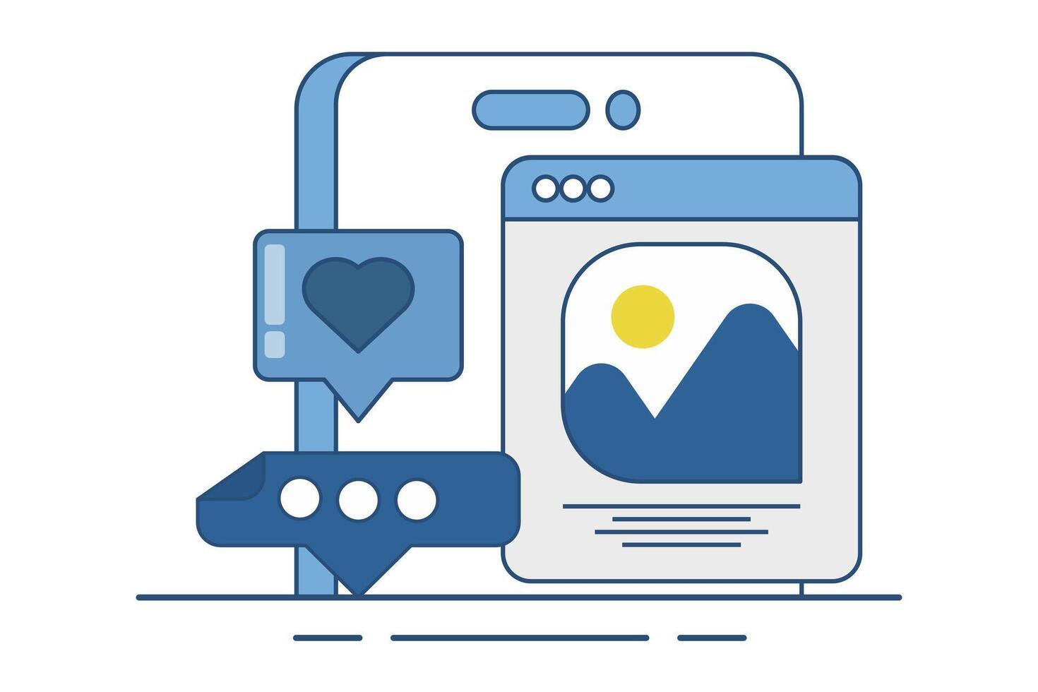 Social media concept. Web landscape symbol. see new Social Media Posts. leave Comments and likes for Photos on Mobile App. Social media posts. illustration on background. vector