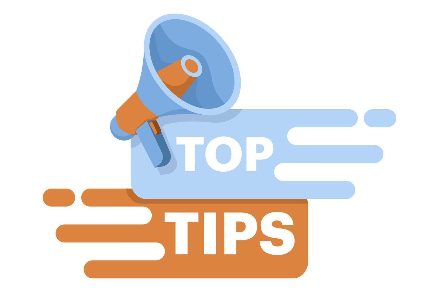 Top Tip Concept. megaphone speaker in your hand to make announcements. Attention please. Screaming person, advertising speech symbol, top end symbol. Thought speech bubble with quote. vector