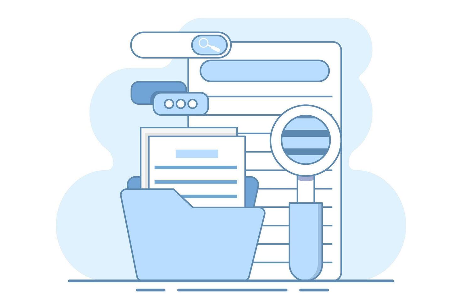 Concept of searching files in files, Magnifying glass with file search, Explore with electronic databases, electronic storage and archives. Flat illustration isolated on background. vector