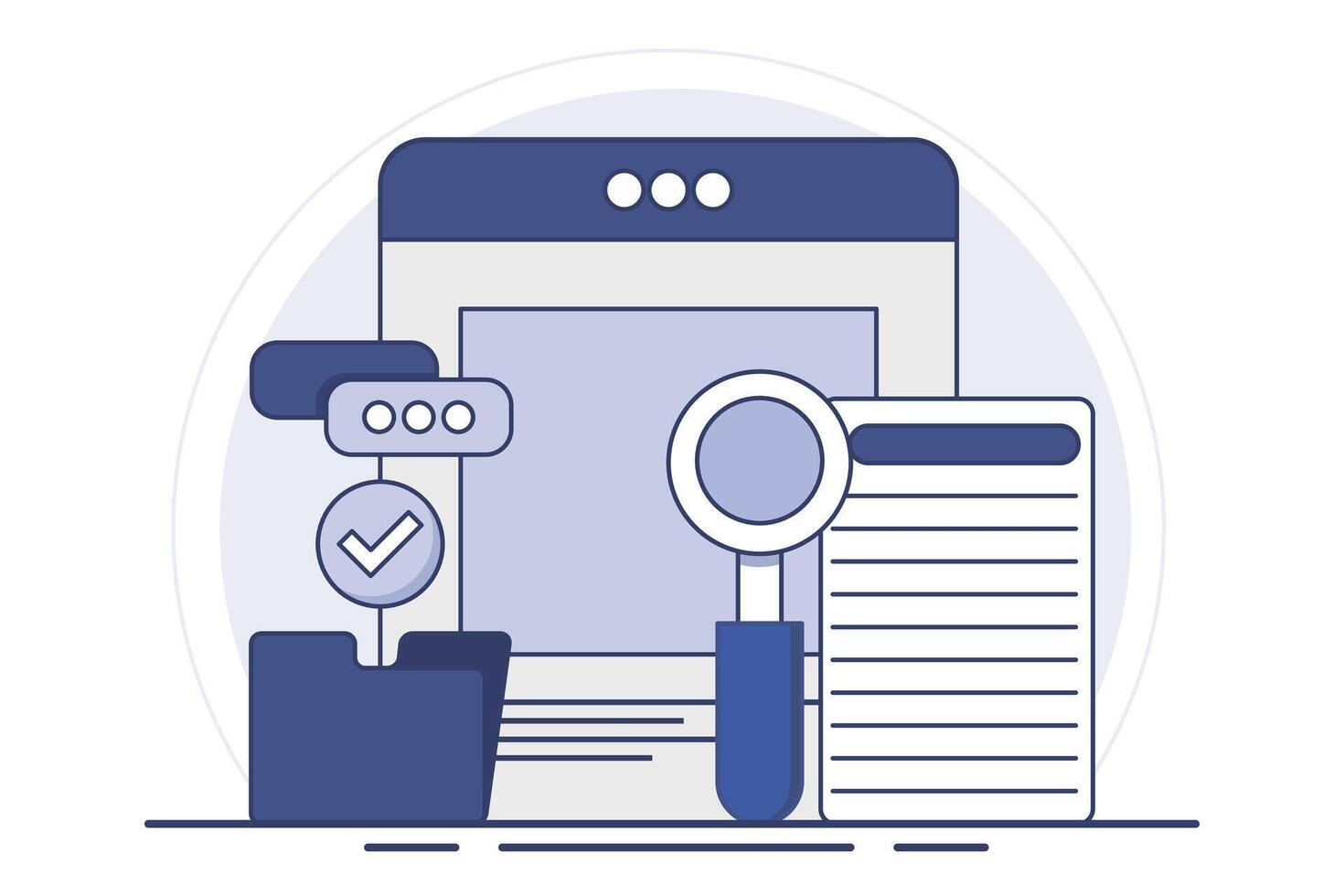 Concept of searching files in files, Magnifying glass with file search, Explore with electronic databases, electronic storage and archives. Flat illustration isolated on background. vector