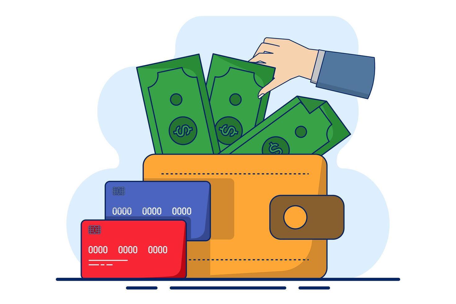 Money wallet concept. Coins, wallet, payment card, money icon. transfer money to wallet, use wallet, Great for landing pages, UI, web, app intro cards, editorials, flyers and banners. vector