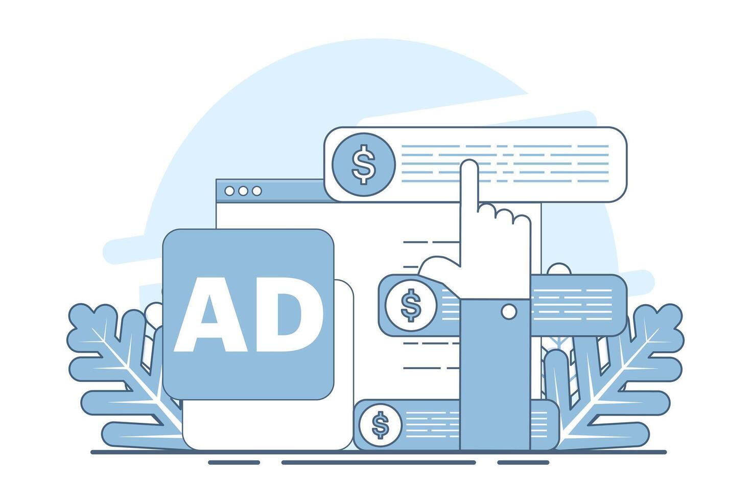 Targeted Advertising Concept in Digital Marketing, effectiveness of targeted advertising, pay per click campaigns, users clicking on search engine text ads. online advertising, and ppc conversion. vector
