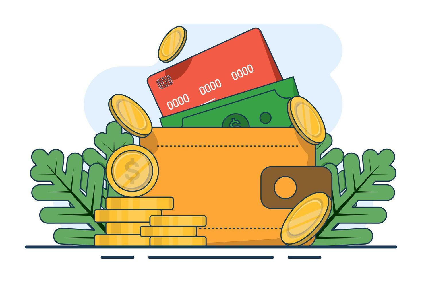 Money wallet concept. Coins, wallet, payment card, money icon. transfer money to wallet, use wallet, Great for landing pages, UI, web, app intro cards, editorials, flyers and banners. vector