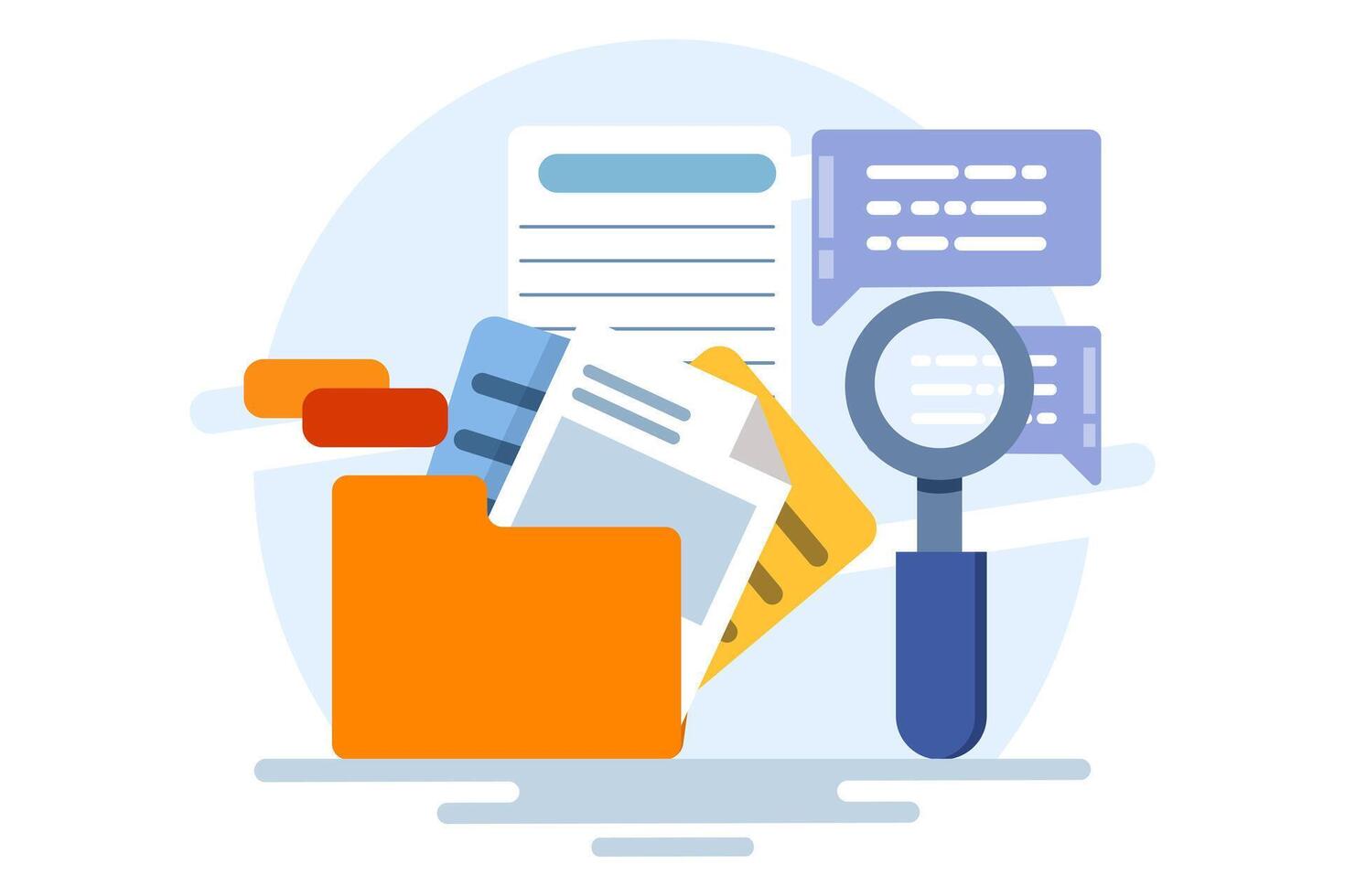 Concept of searching files in files, Magnifying glass with file search, Explore with electronic databases, electronic storage and archives. Flat illustration isolated on background. vector