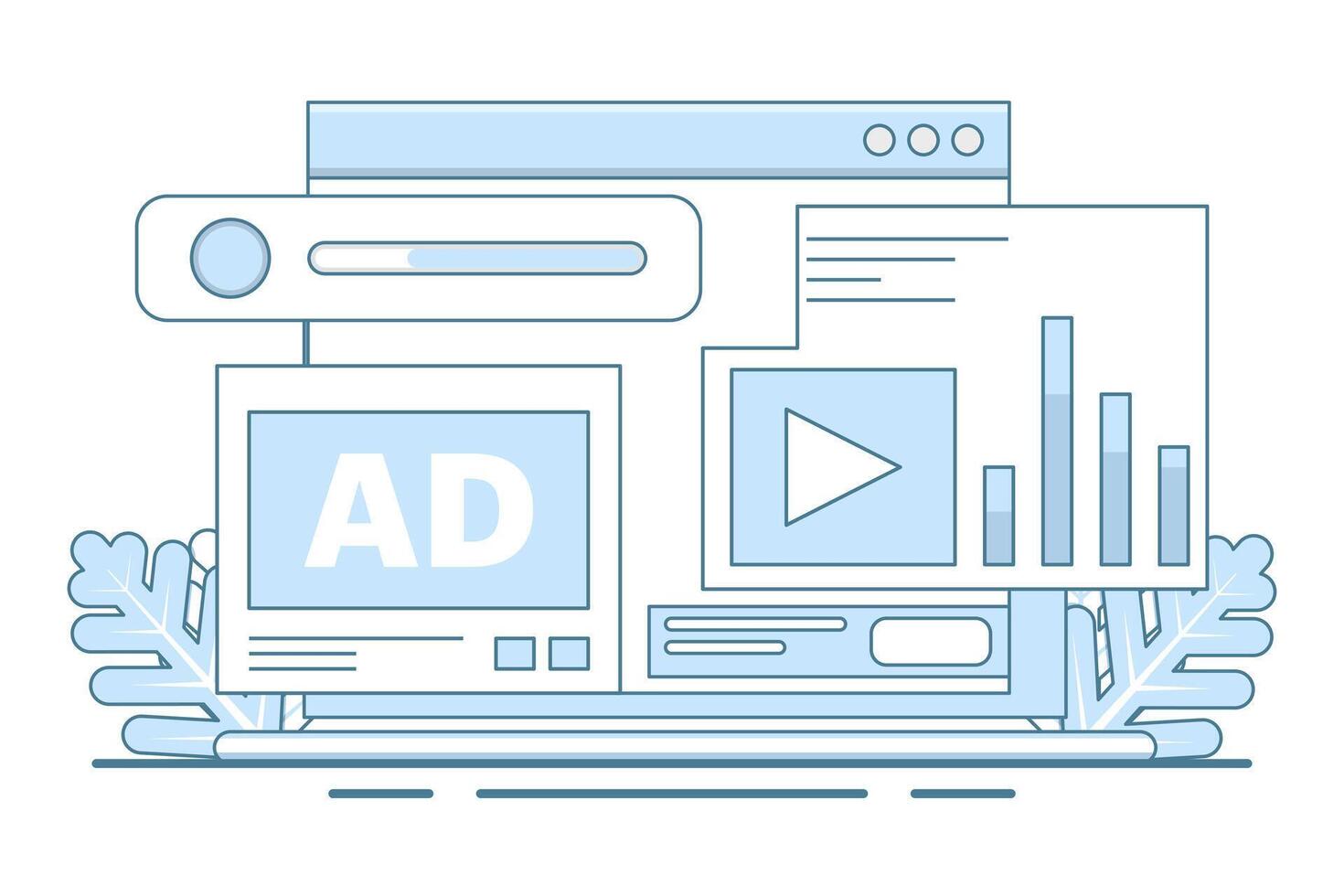 Social media analysis concept, Monitoring content performance on social media, Advertising campaign analysis report with graphs and charts, flat illustration on background. vector