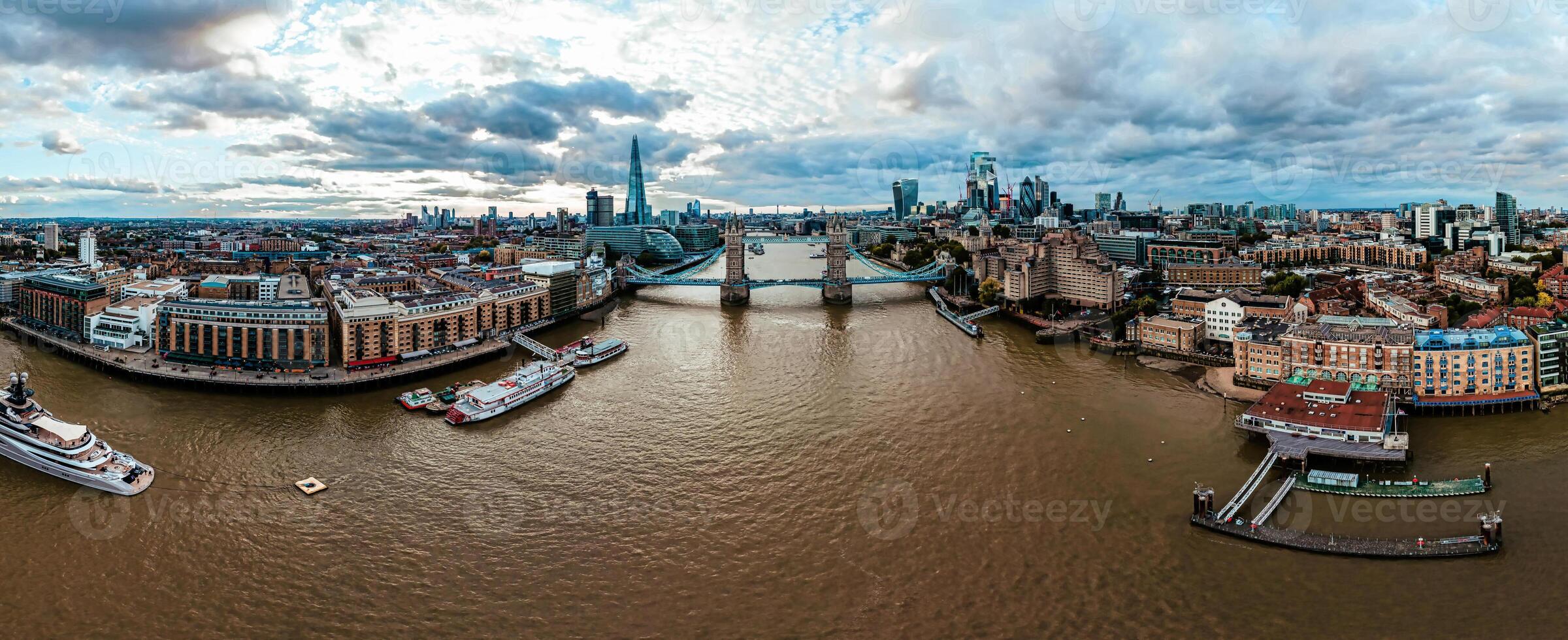 Aerial view of the Tower Bridge in London. One of London's most famous bridges and must see landmarks in London. Beautiful panorama of London Tower Bridge. photo