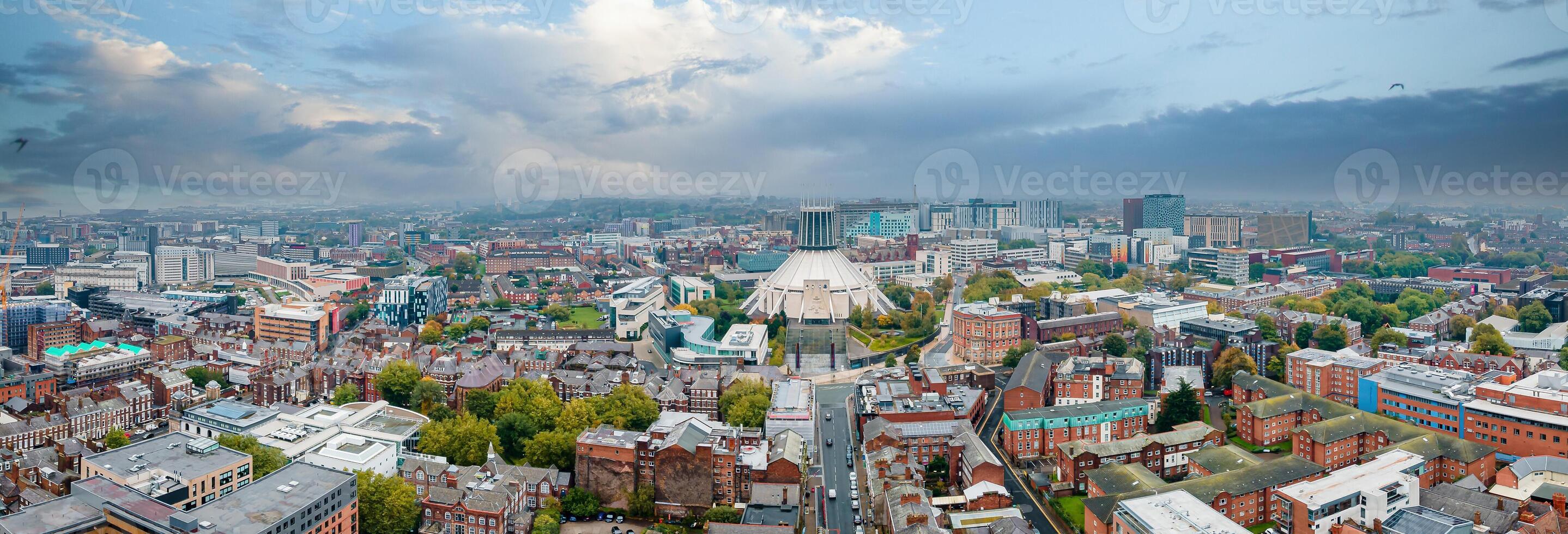 Aerial panorama of Liverpool Metropolitan cathedral contemporary city famous rooftop spires in UK photo