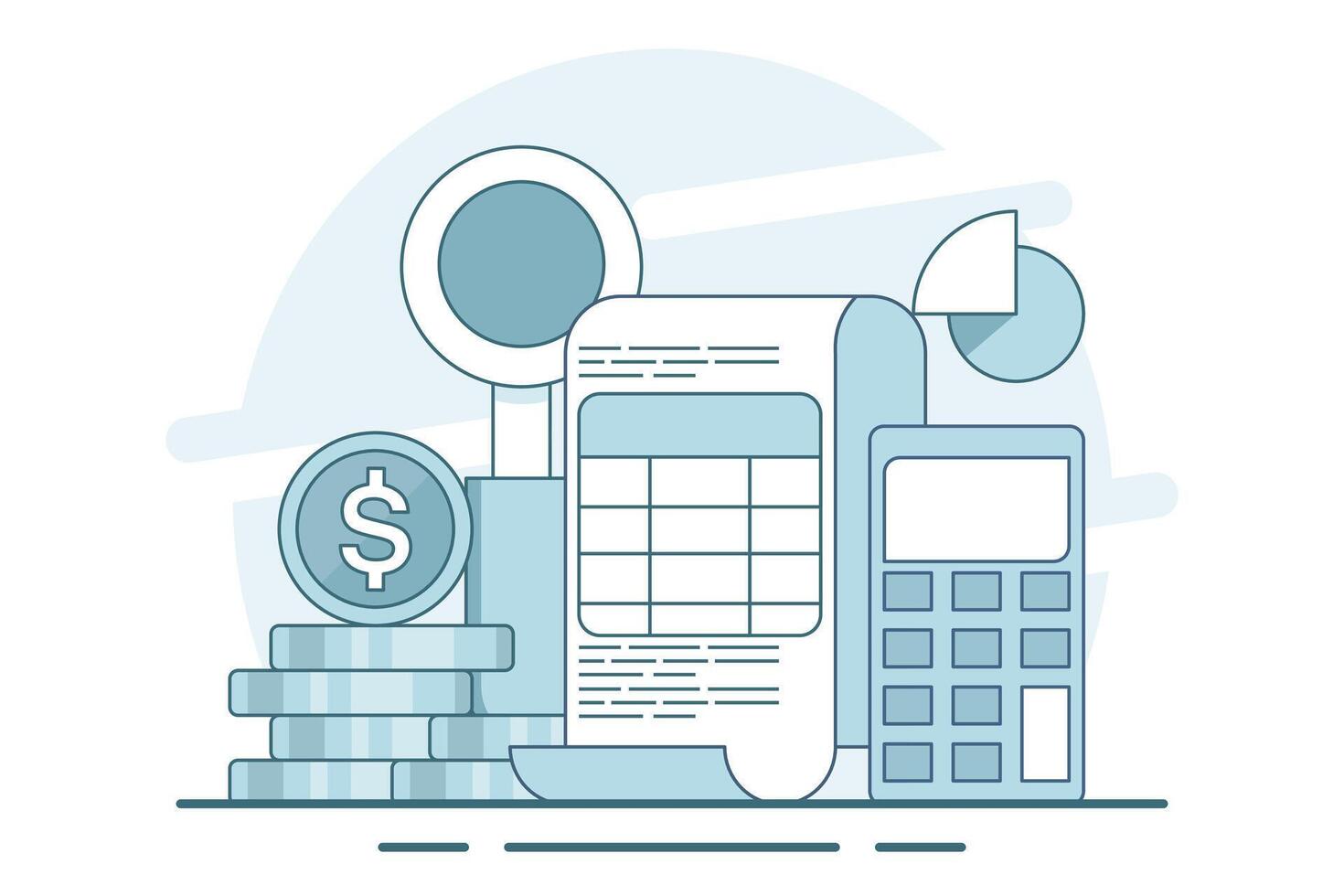 concept of calculating business profits, analyzing business data, calculating budgets, profits and losses, generating report graphs from data, calculator with spreadsheet creation reports. . vector
