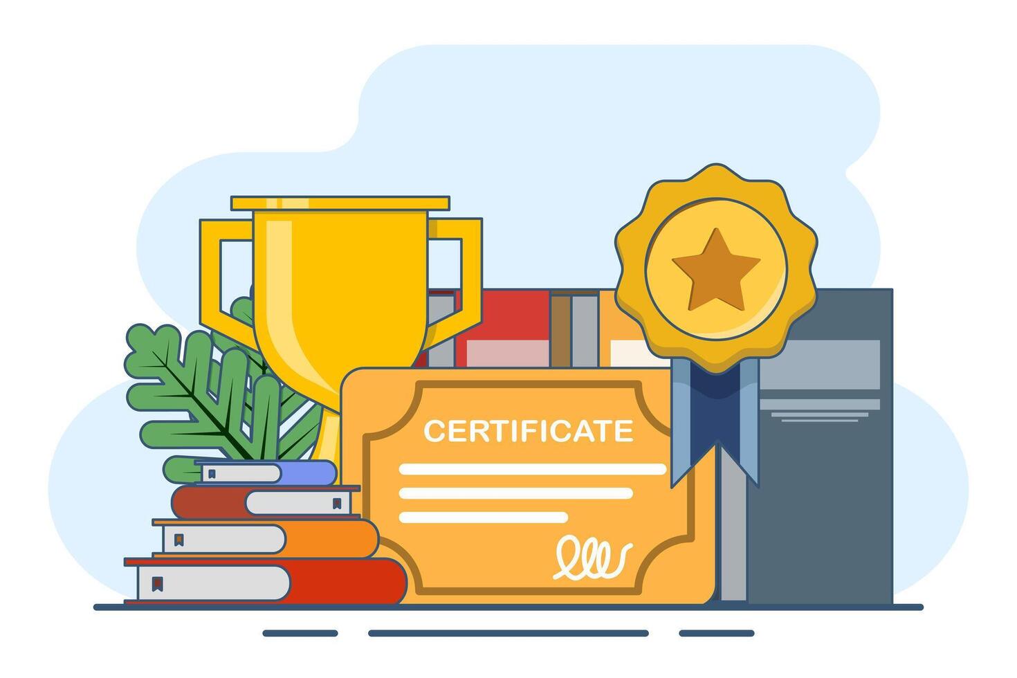 Gold trophy with certificate and book, graduation award pedestal with trophy, graduate hat and certificate. The Path to Success. School education icon, flat illustration on background. vector