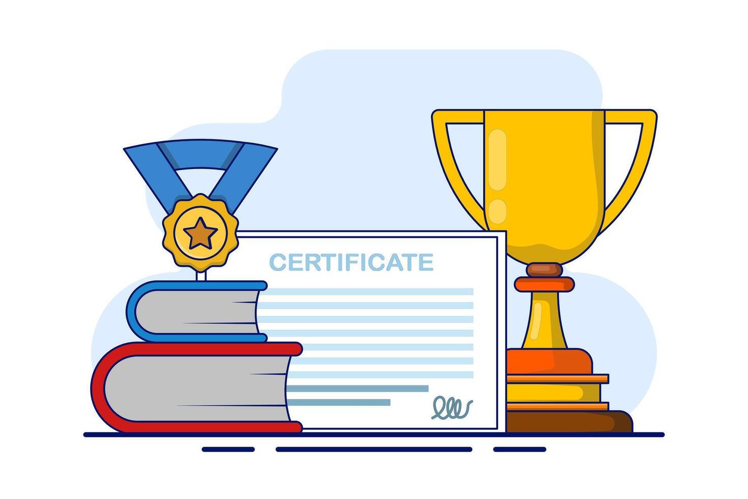Gold trophy with certificate and book, graduation award pedestal with trophy, graduate hat and certificate. The Path to Success. School education icon, flat illustration on background. vector