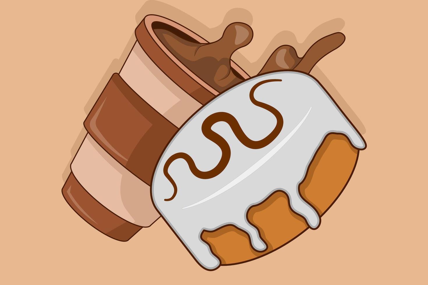 Sweet food and drink concept. Disposable Donuts And Coffee Cups. Coffee Cup and Donut Icon. Coffee or tea to take home or deliver food concept. illustration isolated on background. vector