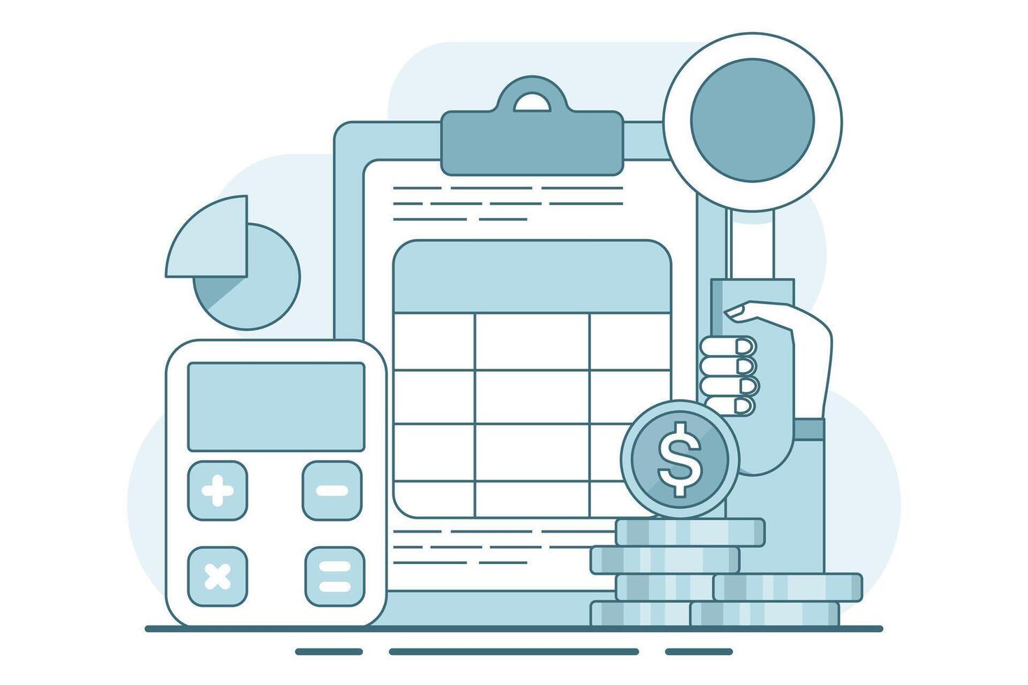 concept of calculating business profits, analyzing business data, calculating budgets, profits and losses, generating report graphs from data, calculator with spreadsheet creation reports. . vector