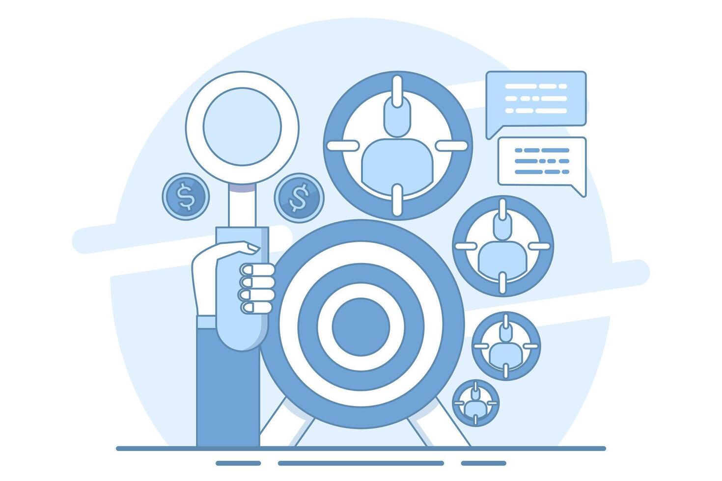 concept of customer demographics or target audience, market segmentation, consumer behavior and marketing strategy icon. sales generation and customer attraction. isolated on background. vector