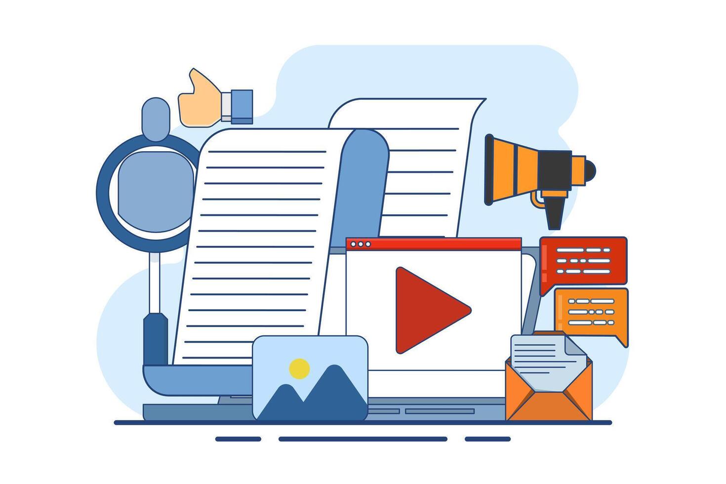 digital content marketing concept, Social media marketing, Content strategy marketing, Social media advertising and promotional campaigns in mobile applications, advertising content in social networks vector