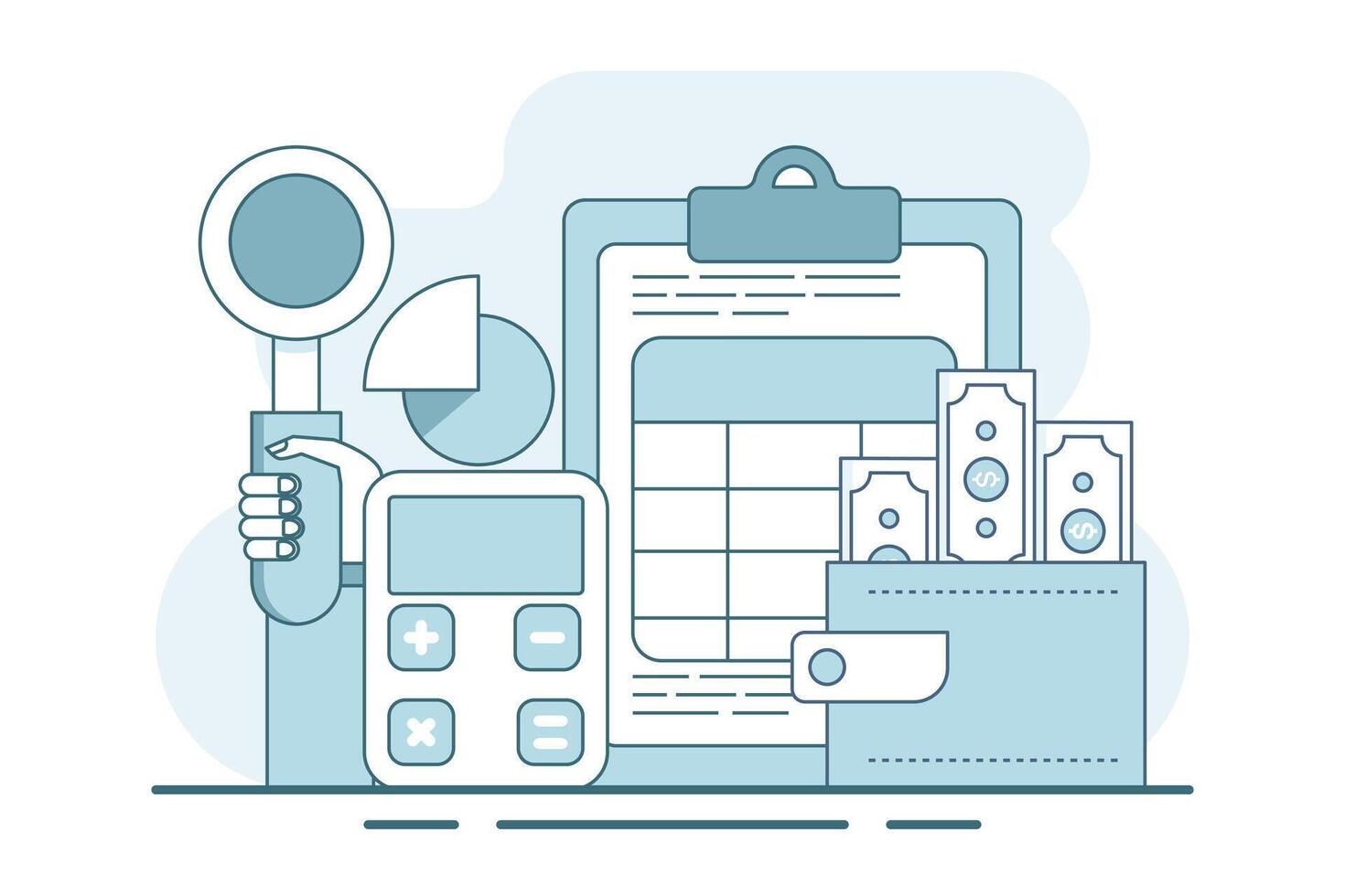 concept of calculating business profits, analyzing business data, calculating budgets, profits and losses, generating report graphs from data, calculator with spreadsheet creation reports. . vector