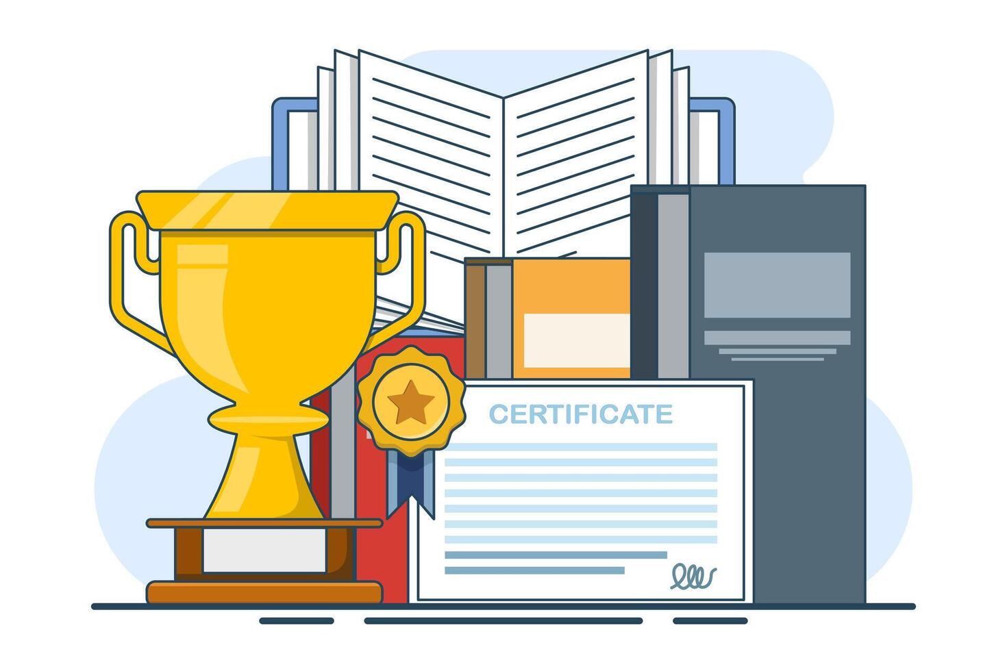 Gold trophy with certificate and book, graduation award pedestal with trophy, graduate hat and certificate. The Path to Success. School education icon, flat illustration on background. vector