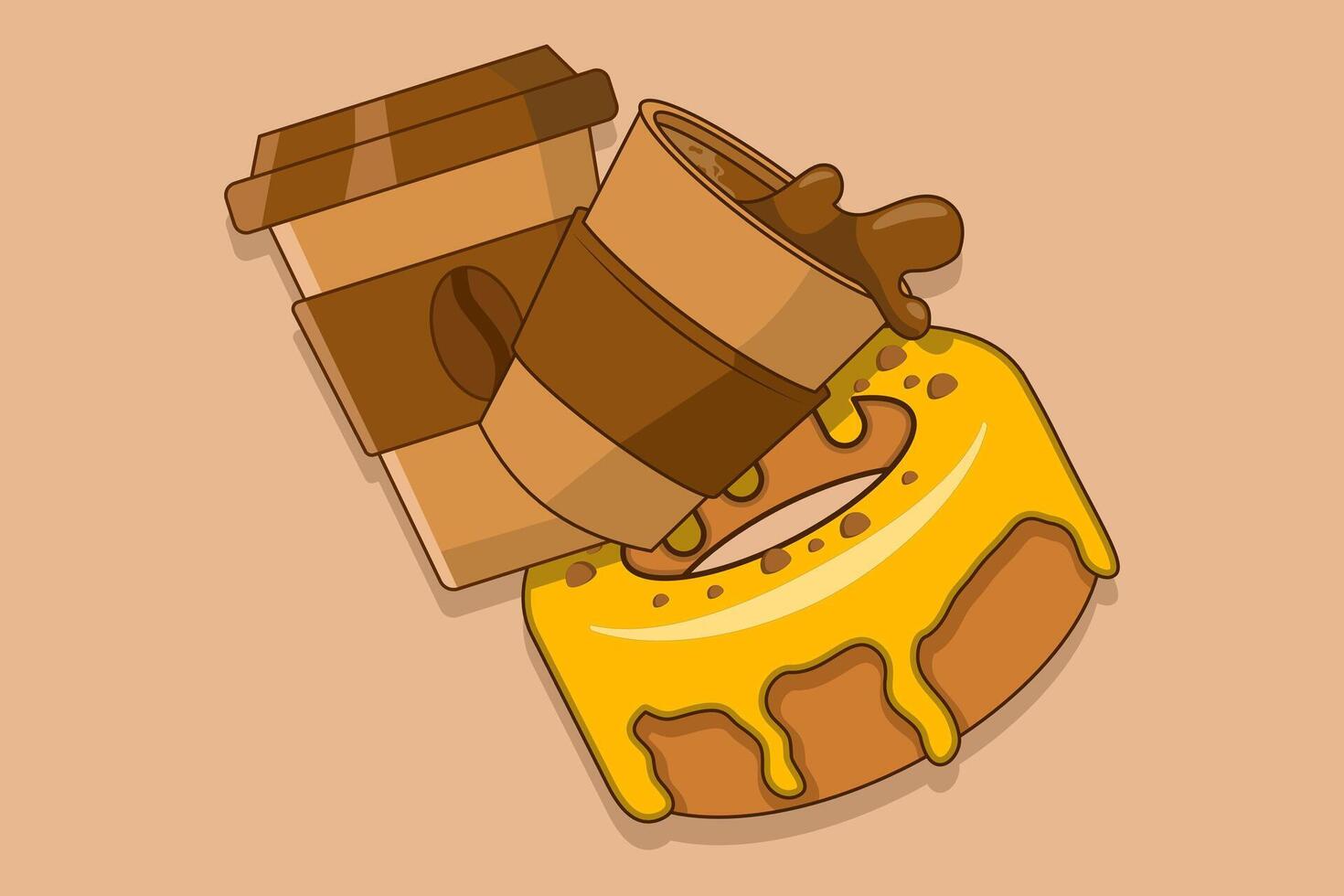 Sweet food and drink concept. Disposable Donuts And Coffee Cups. Coffee Cup and Donut Icon. Coffee or tea to take home or deliver food concept. illustration isolated on background. vector