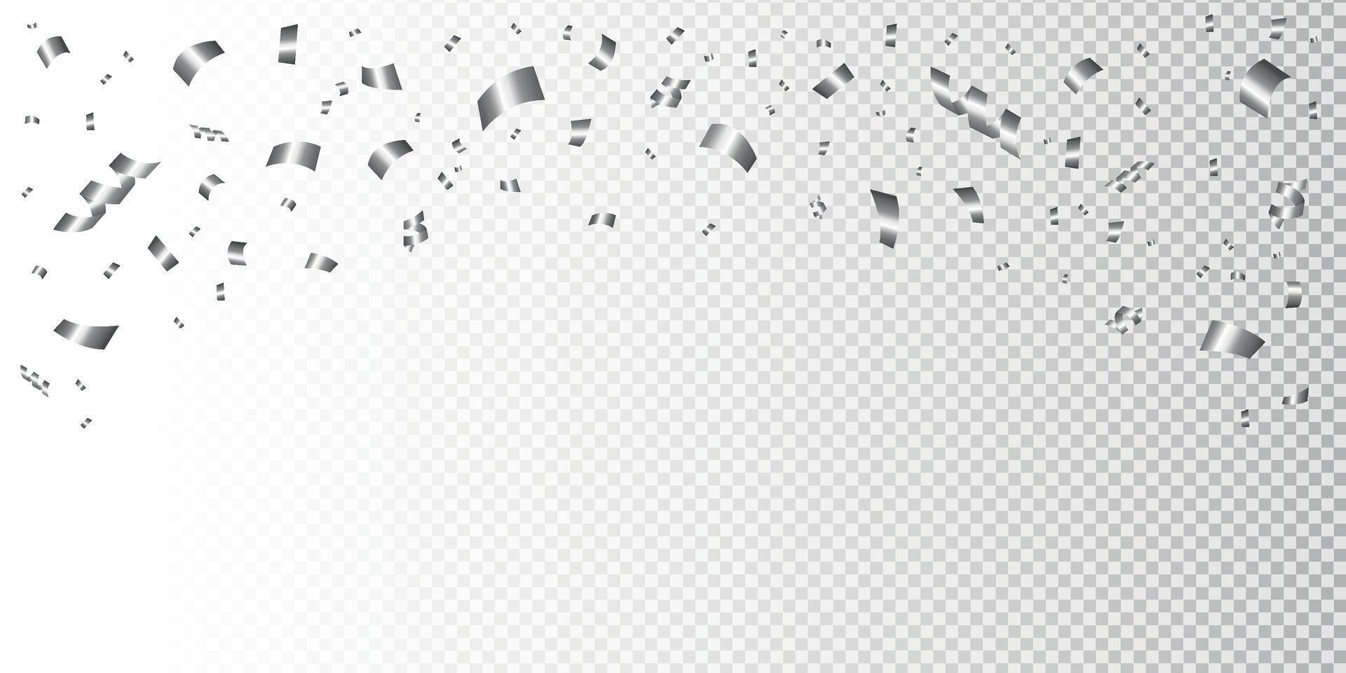 Confetti explosion. Celebration background with silver confetti isolated on transparent background. Shiny silver paper cuts. Confetti, serpentine, tinsel falling. Decoration for birthday, holiday. vector