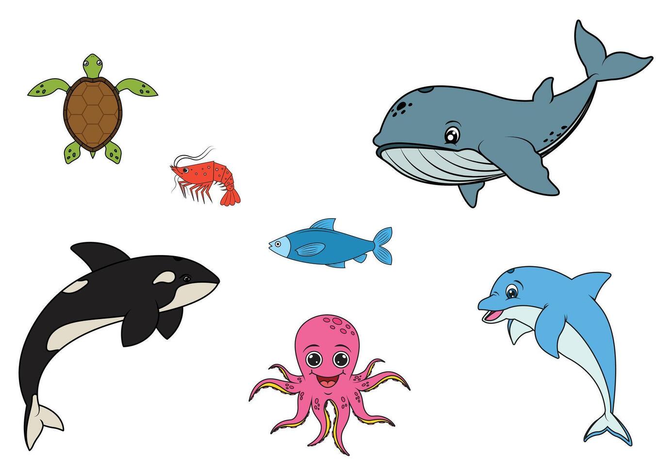 Collection of sea animals in flat style isolated on white background. Illustration of fish, shrimp, whale, dolphin, octopus, orca vector