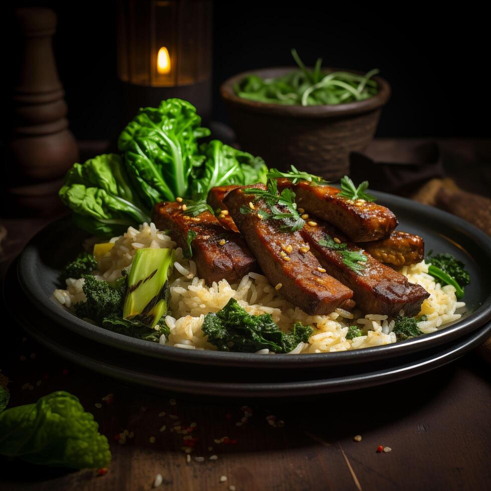 Plate with rice, beef and vegetables. Photo for restaurant menu, advertising, delivery, banner