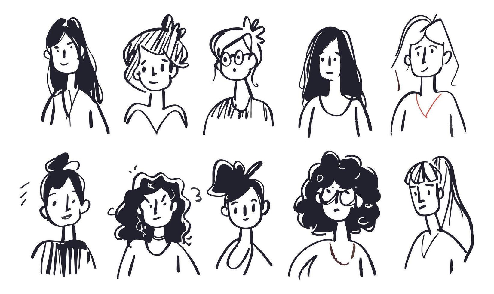 A set of ten diverse, black and white cartoon-style female avatars. Each character features a unique hairstyle and facial expression vector