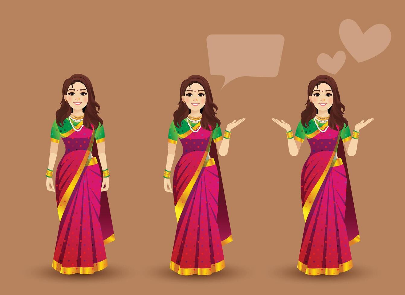 Set of women poses with Red saree character design vector