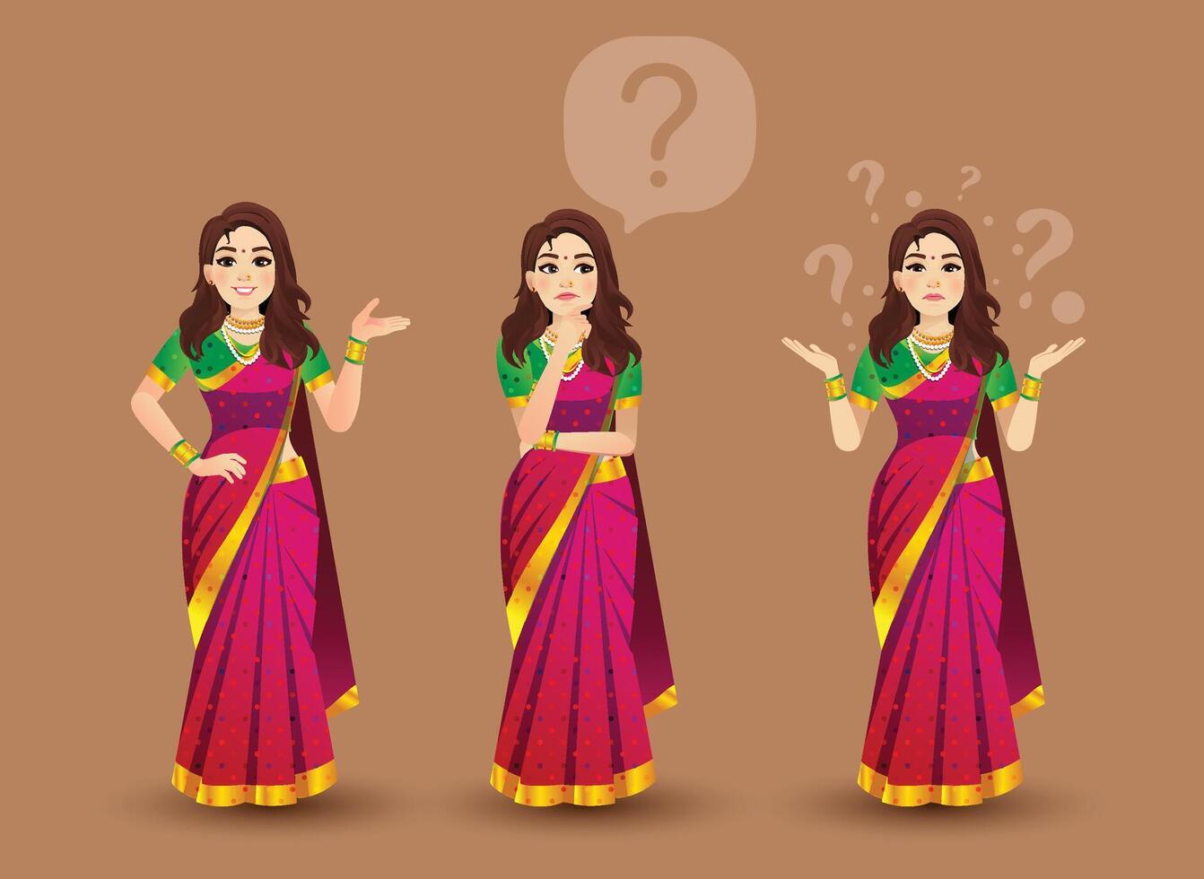 Set of women poses with Red saree character design vector