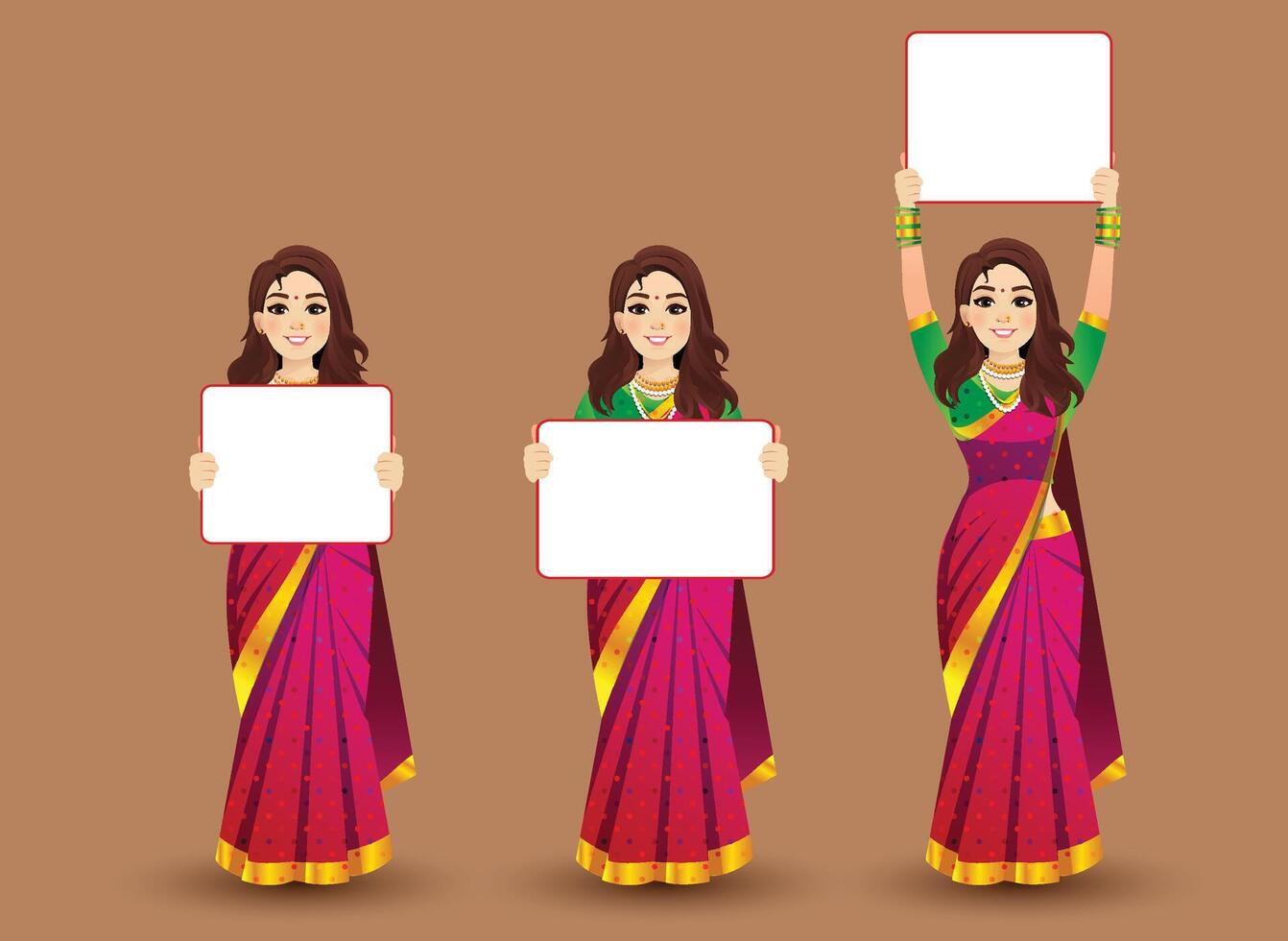Set of women poses with Red saree character design vector