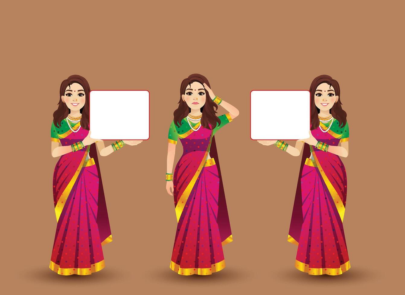 Set of women poses with Red saree character design vector