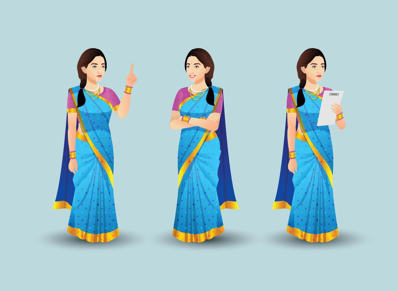 Set of women poses with Blue saree character design vector