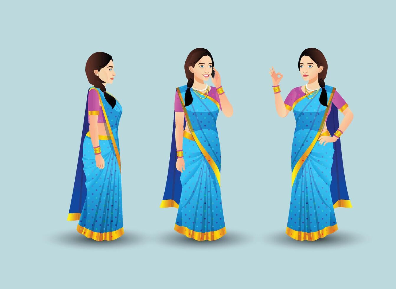 Set of women poses with Blue saree character design vector