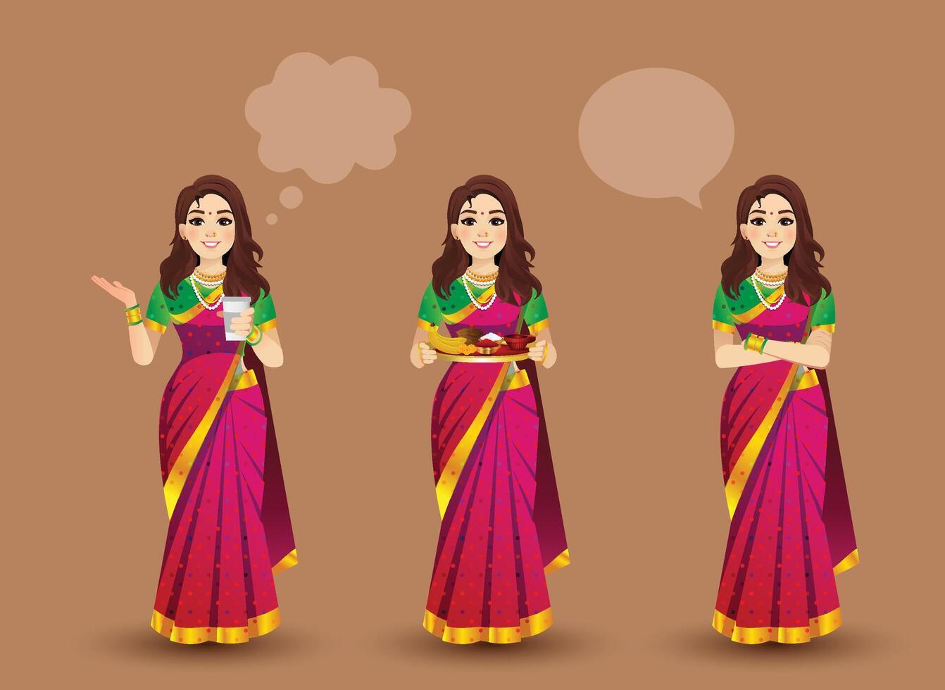 Set of women poses with Red saree character design vector