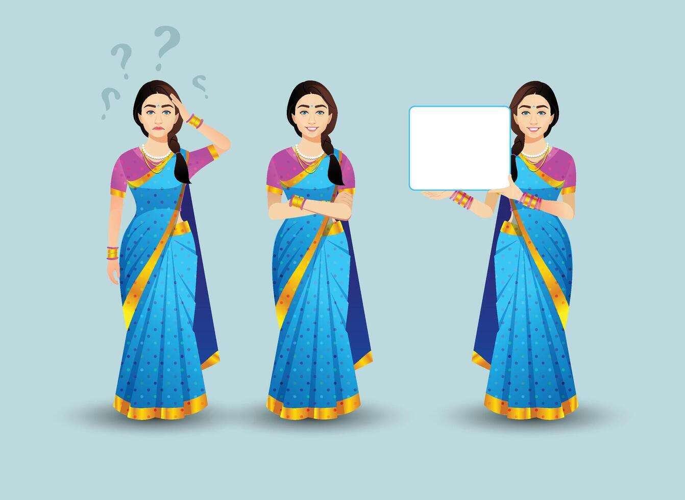 Set of women poses with Blue saree character design vector