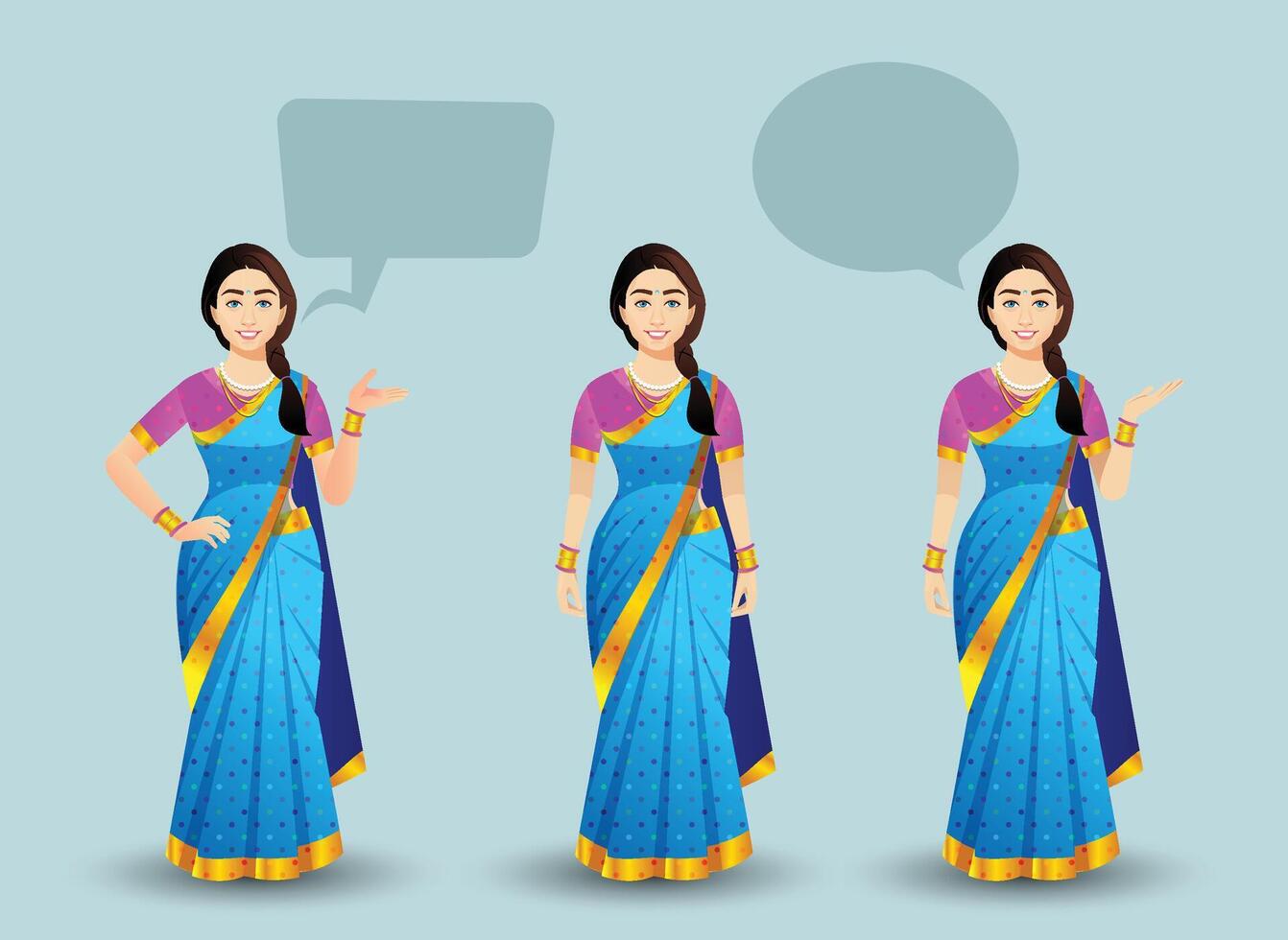 Set of women poses with Blue saree character design vector