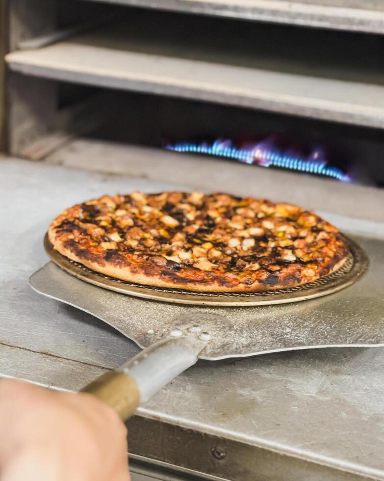 Chef takes pizza from oven in traditional restaurant. photo