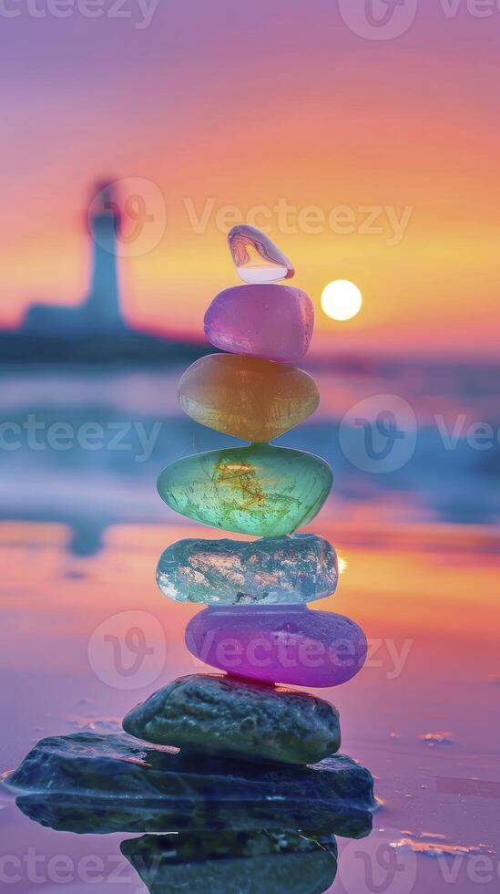 A stack of pastel-colored sea glass stones, balanced on top of each other with the sunset and lighthouse in the background photo