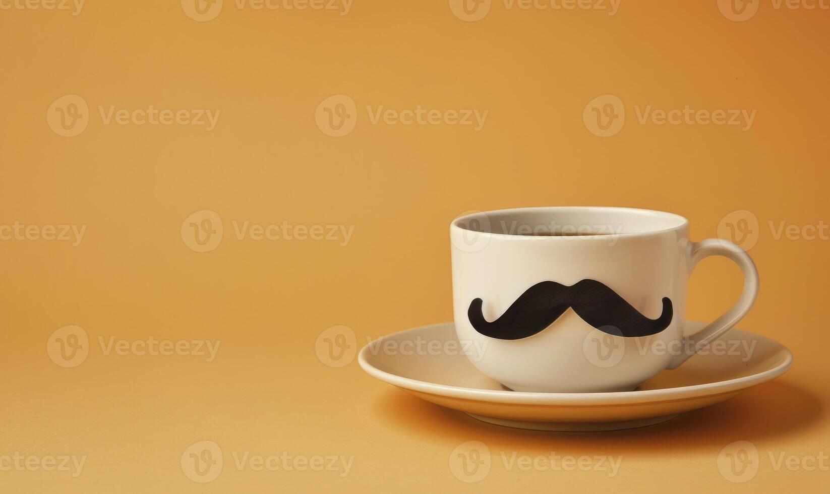 A white cup of coffee and saucer with a black mustache on pastel colour background photo