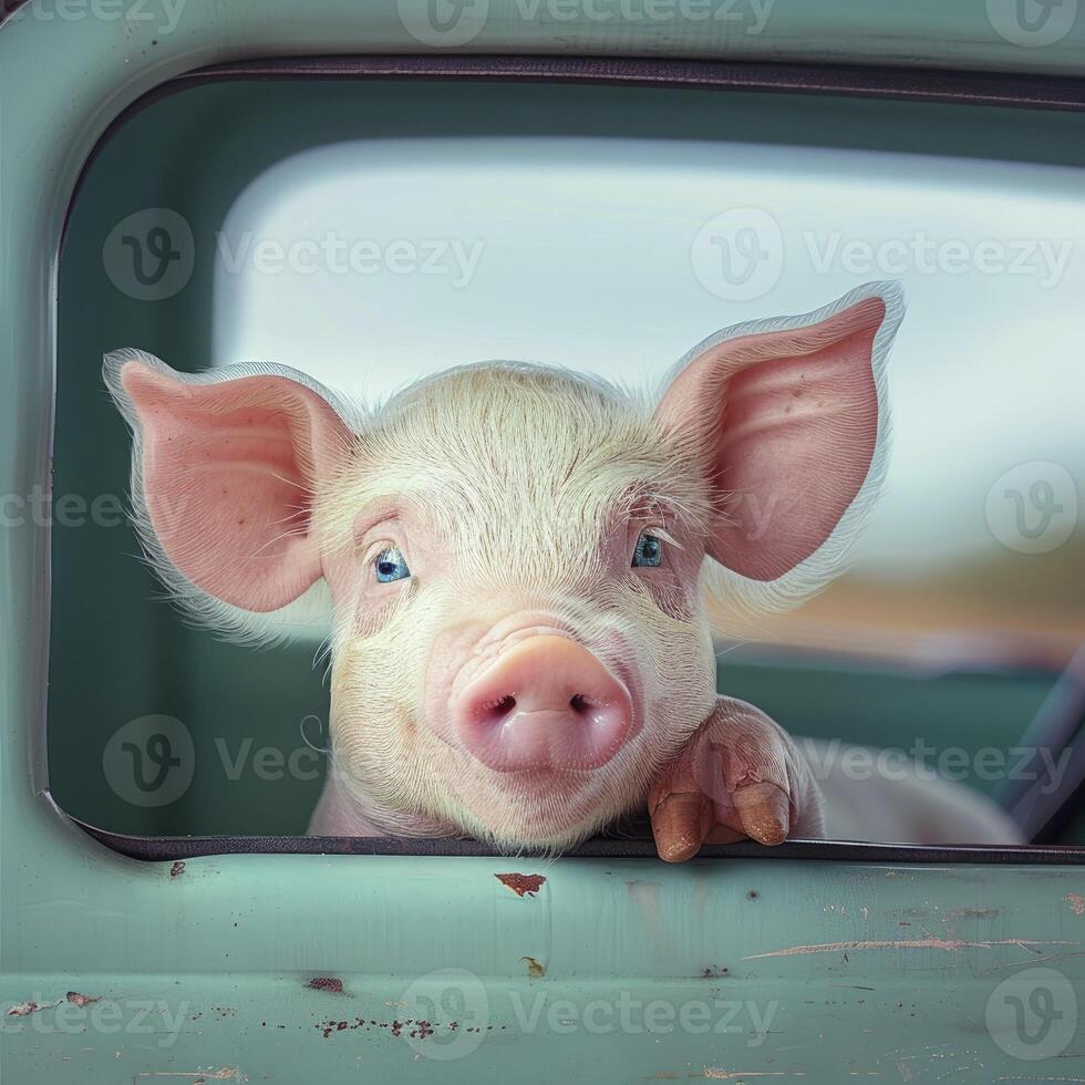 A cute pink piglet with light blue eyes peeks out of the window of a car photo