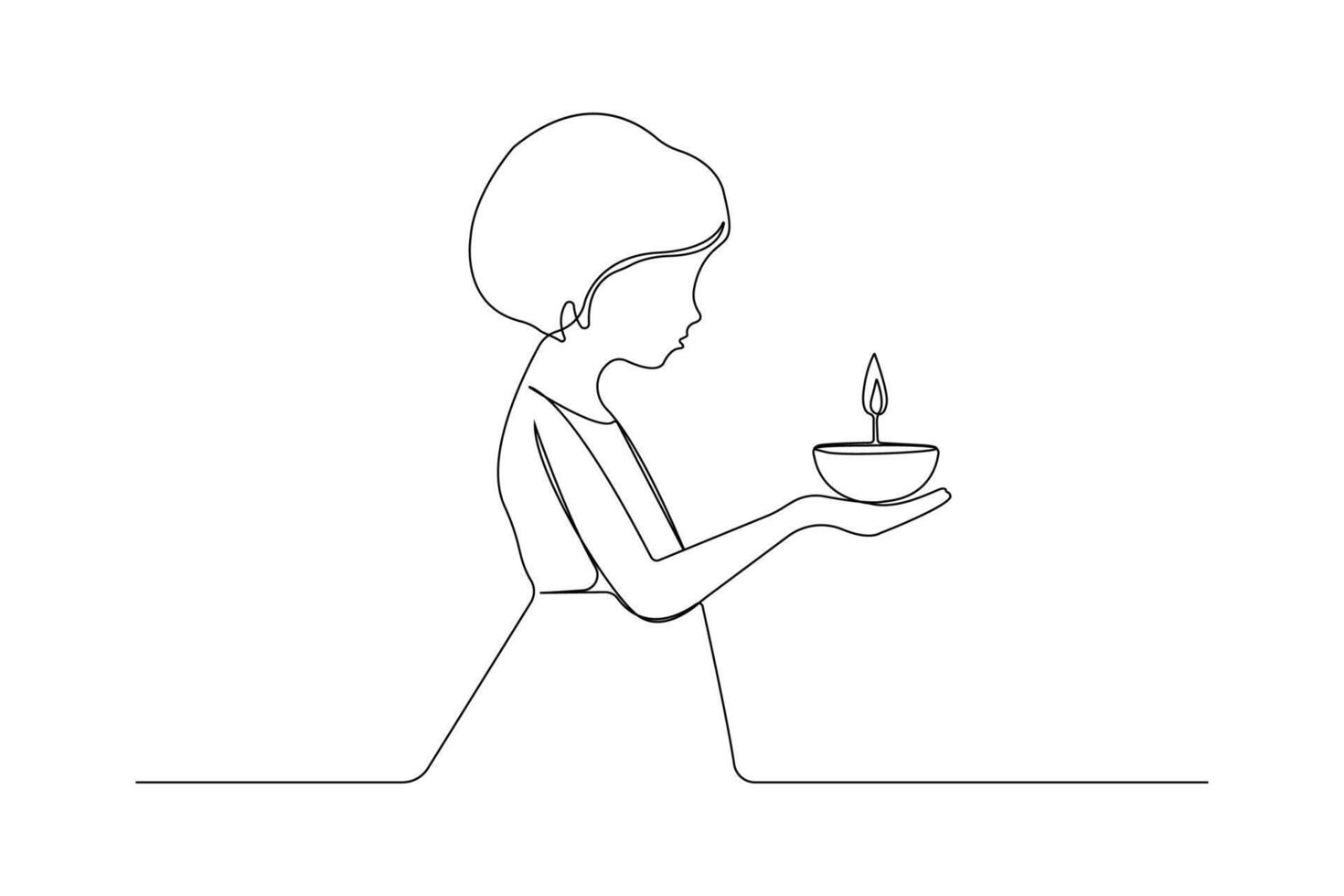 Little girl holding Diya lamp for festival continuous single line art isolated on white background. vector