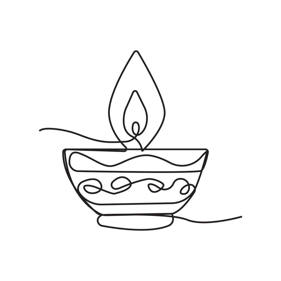 Festival lamp line art drawing. Diwali lamp continuous outline vector