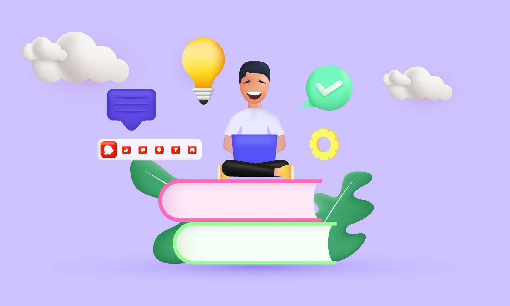 3d young man sitting on new idea concept design vector