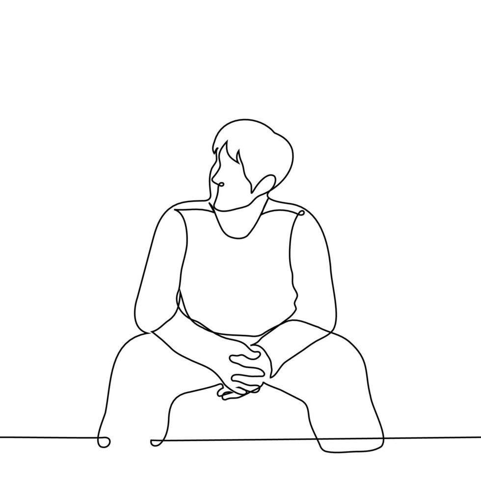 man sits with his legs spread wide apart, his elbows resting on his laps and his fingers intertwined - one line art . concept manspreading vector