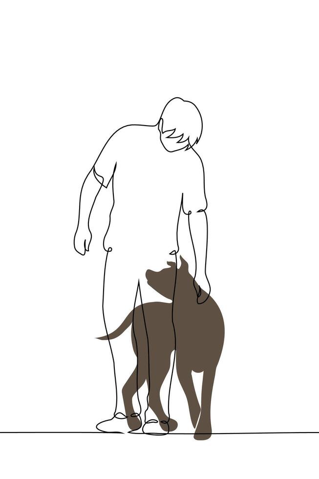 full-length man stroking a dog - one line art . concept dog lover, owner and pet on a walk vector