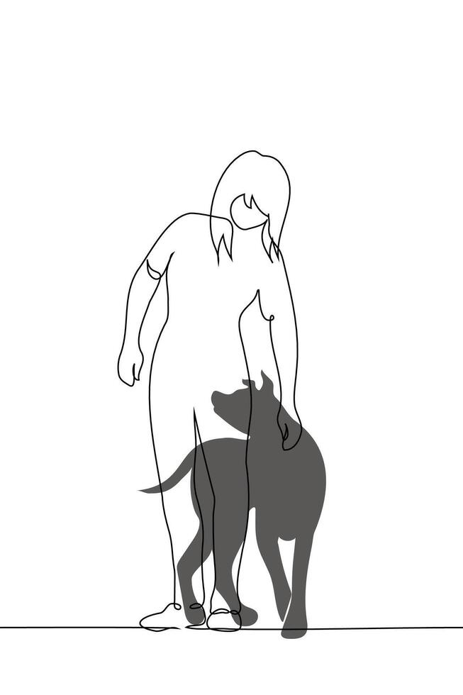 full length woman stroking a dog - one line art . concept dog lover, owner and pet on a walk vector