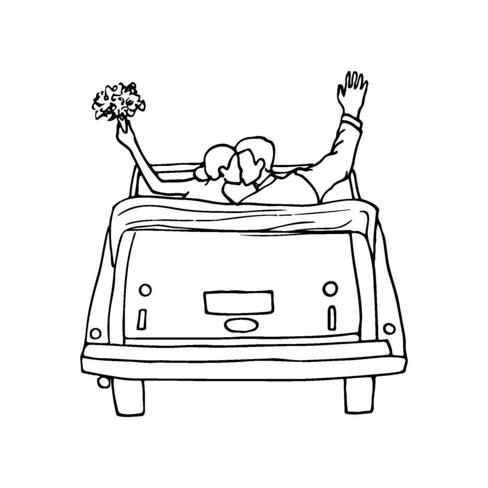 newlyweds in an open car kissing - hand drawn sketch vector