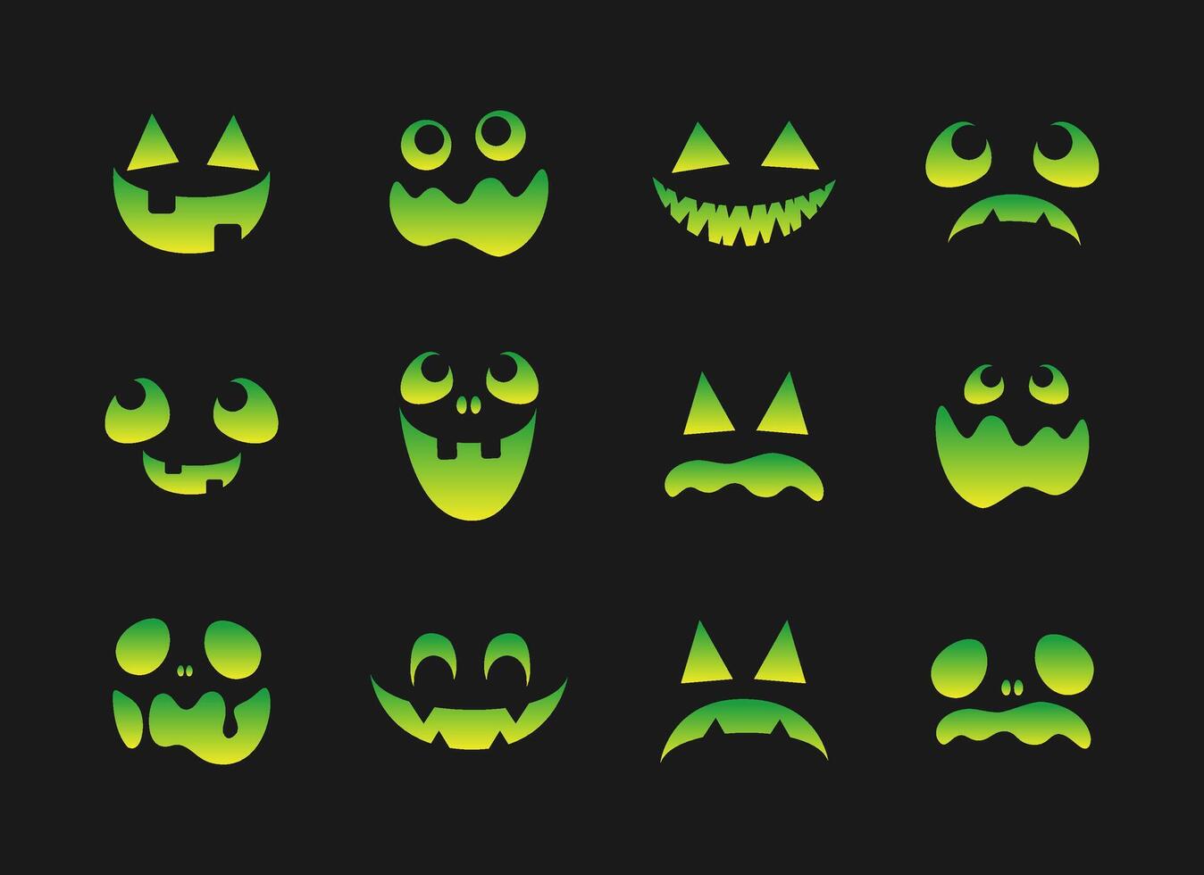 Scary Monster Faces Set. Jack O Lantern Face Halloween Pumpkin Icon Collection. Simple Creepy Horror Illustrations. vector