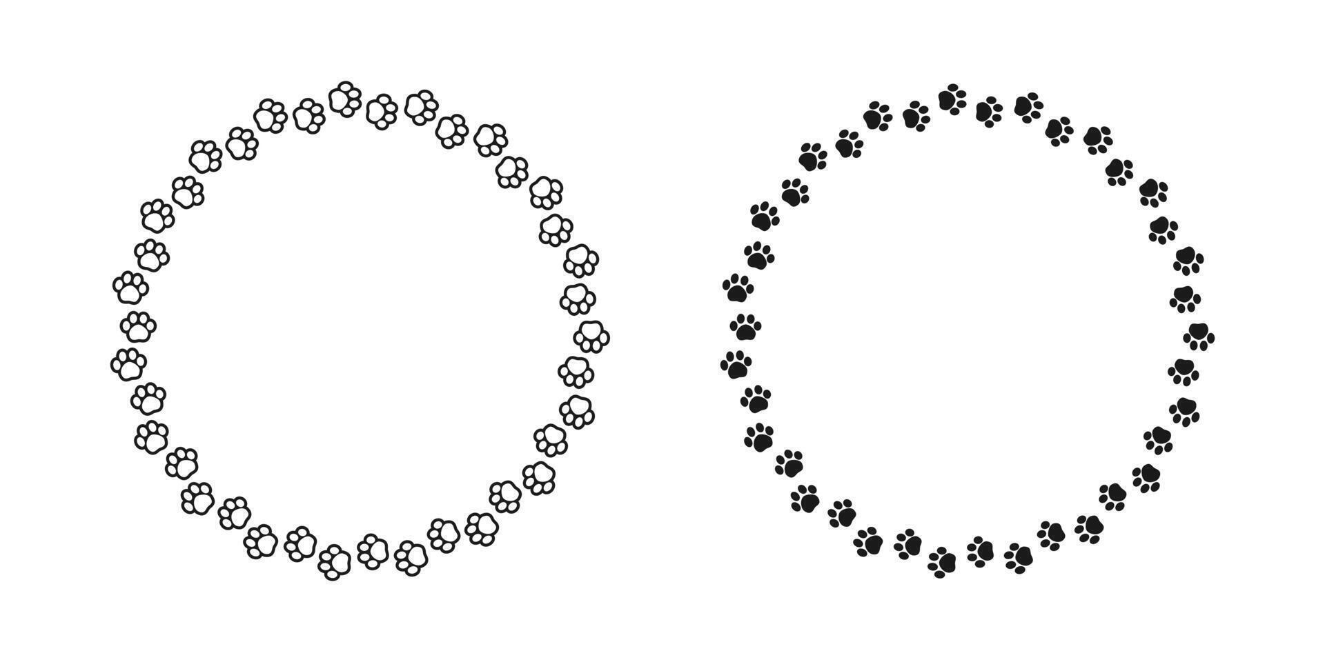 Round frame made of animal paw prints silhouette and outline set. Cute dog paw print track trail border collection. illustration vector