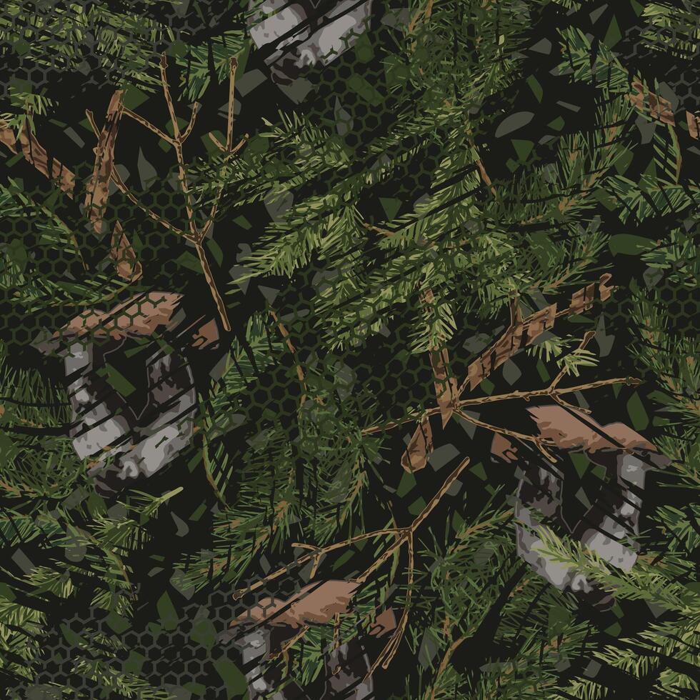 Seamless abstract grunge camouflage pattern with forest nature objects. Dry sticks, spruce branches, mushrooms. Wild nature. For apparel, fabric, textile, sport goods. vector
