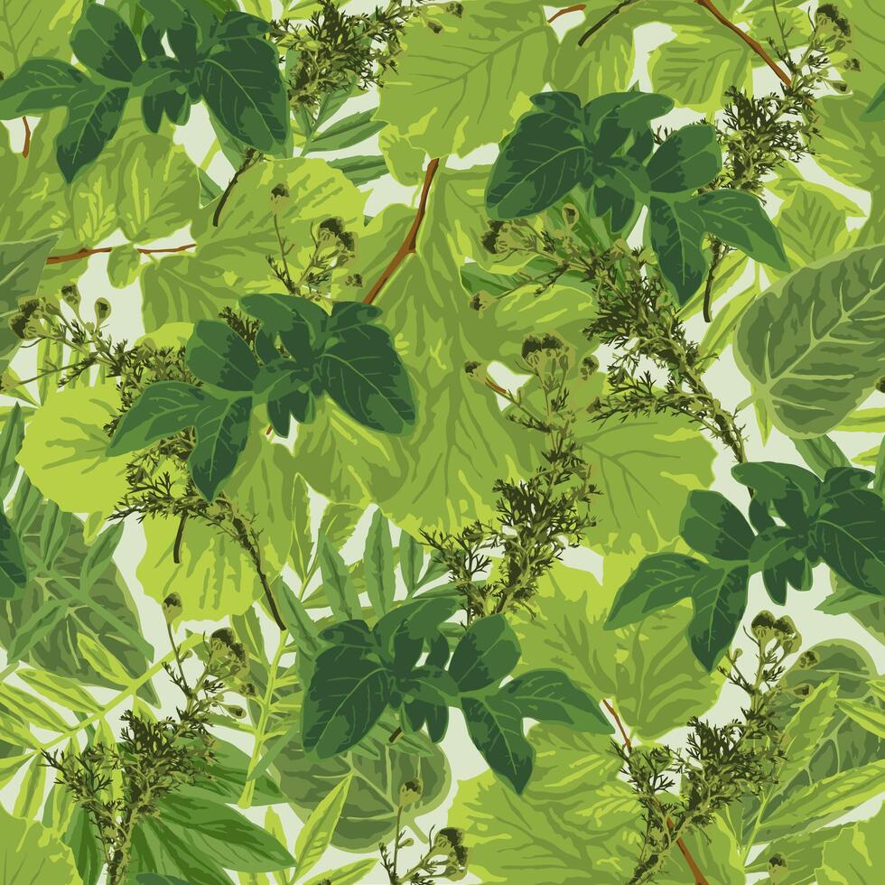 Bright summer seamless pattern with green lush leaves, foliage. Sunshine through dense vegetation. Floral background. vector