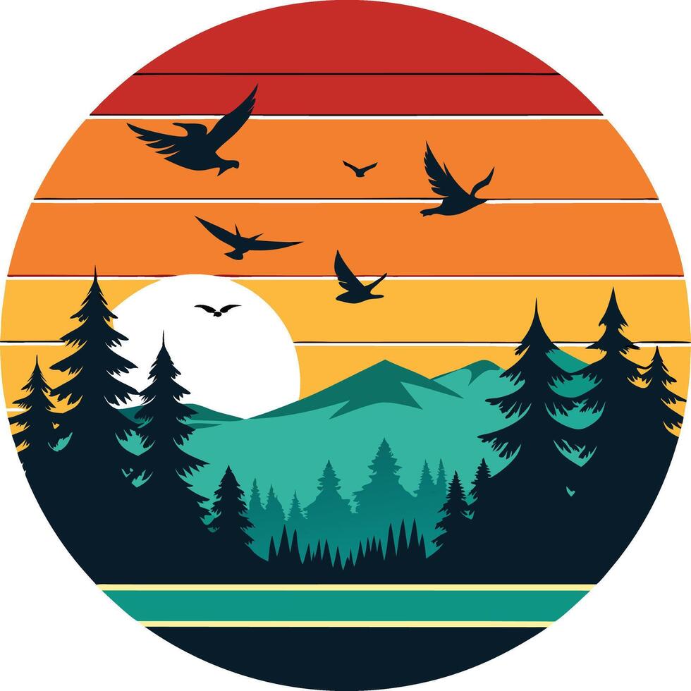 Sunset in the forest Minimal sunset design on white background for t-shirt artwork vector